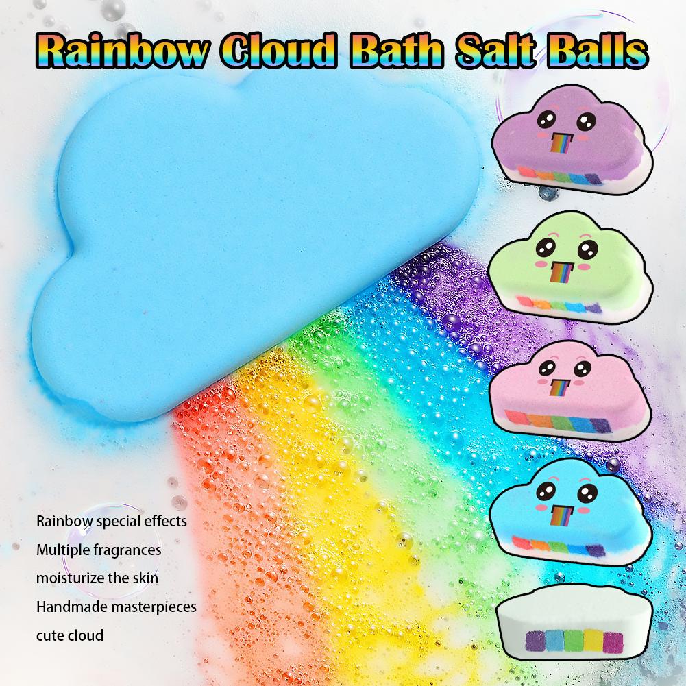 Bath Salts - ลูกบอลอาบน้ำรูปเมฆสีรุ้งสำหรับเด็ก ลูกบอลฟองฟู่หลากสีสันพร้อมน้ำมันหอมระเหยธรรมชาติ ช่วยบำรุงผิว ชุดของขวัญเกลืออาบน้ำ